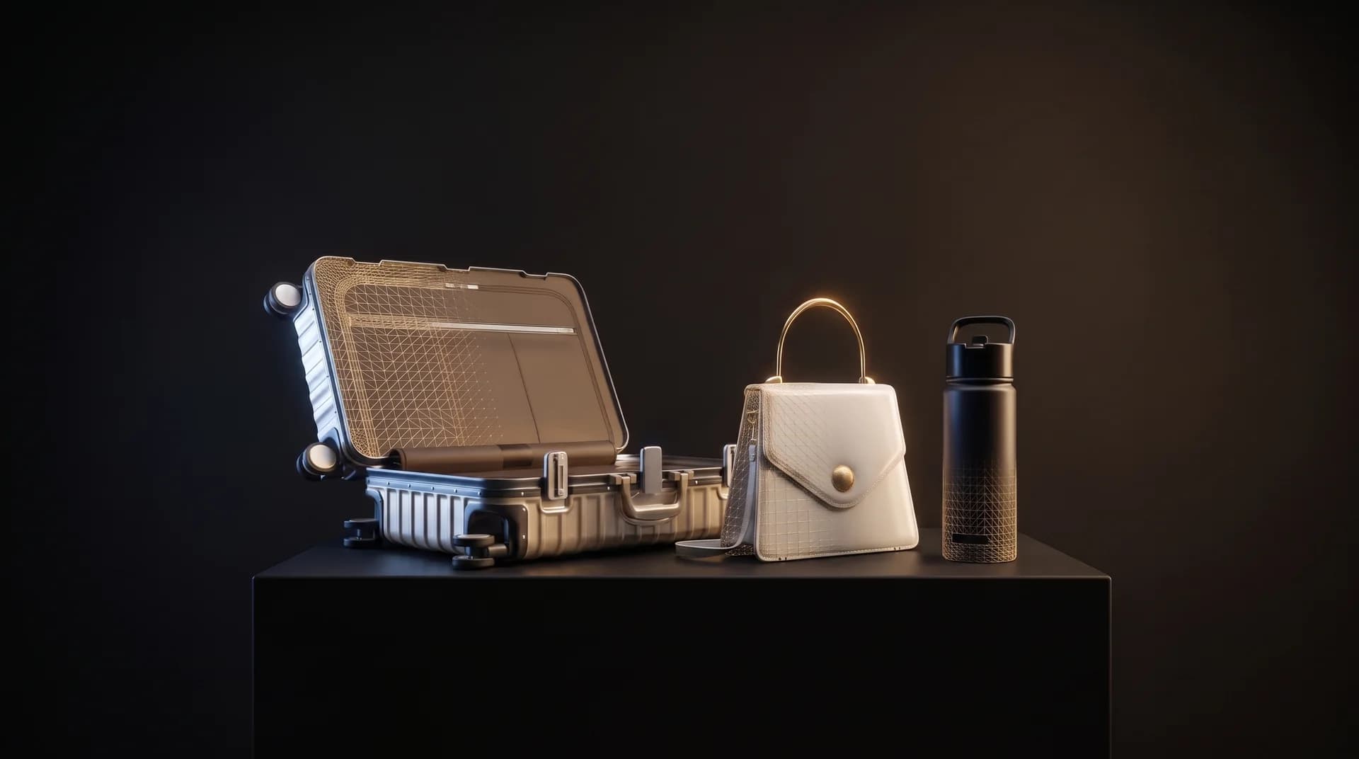 A suitcase, a leather bag and a bottle on a black pedestal, each built as a 3D model