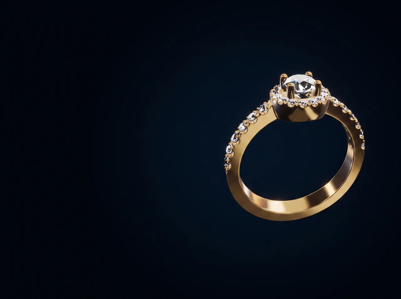 A gold ring with three stones on a black pedestal, lit from the side