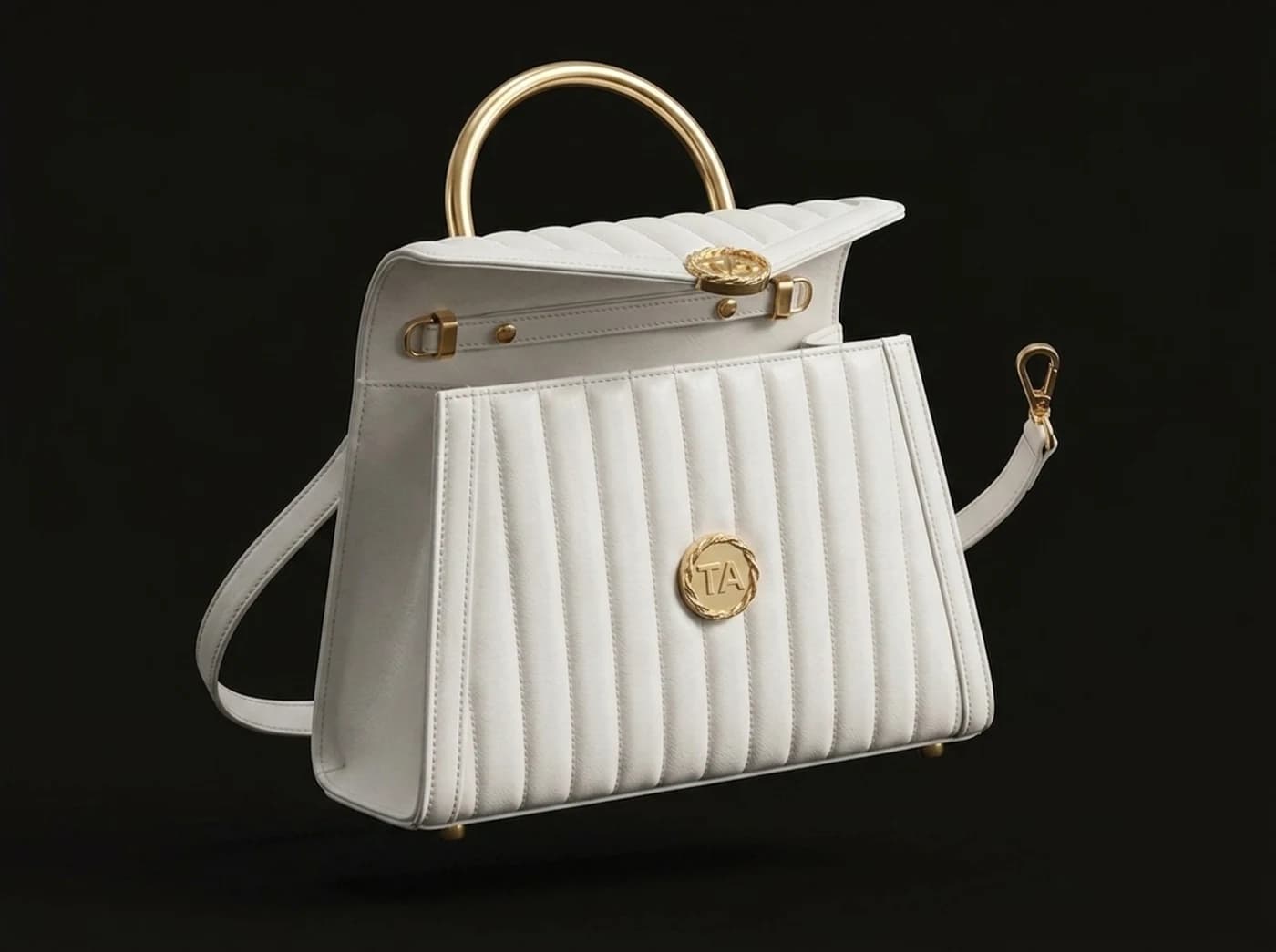 The same handbag with its flap lifted open, gold clasp and hardware visible, shot against black
