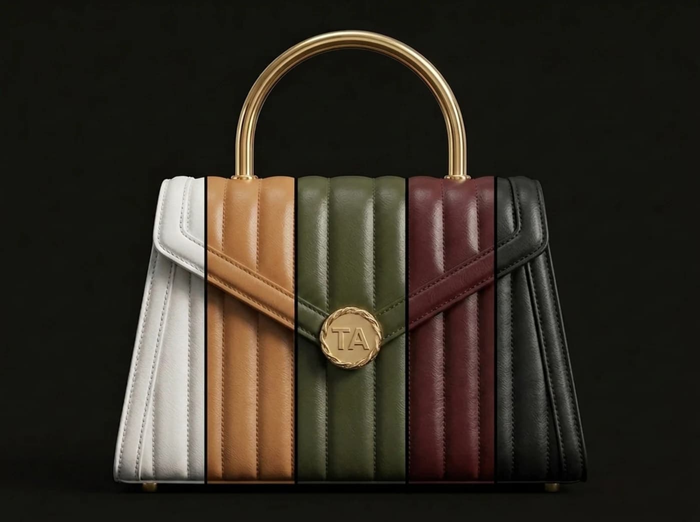 The same handbag in five vertical slices, each a different leather colour: white, tan, olive, oxblood and black