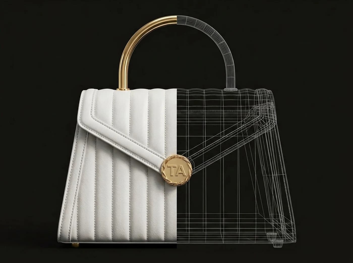 A white quilted leather handbag with a gold handle, split down the middle: finished render on the left, grey 3D wireframe on the right